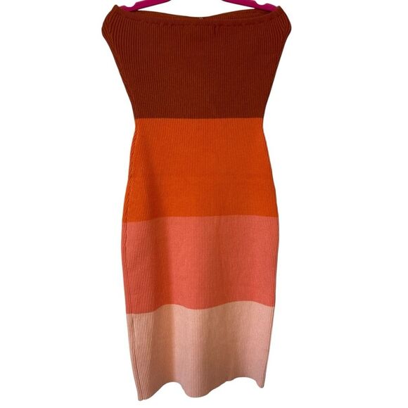 Zesica Color Block Strapless Knit Bodycon Dress - Orange,/Pink/Brown-Small - Picture 2 of 5